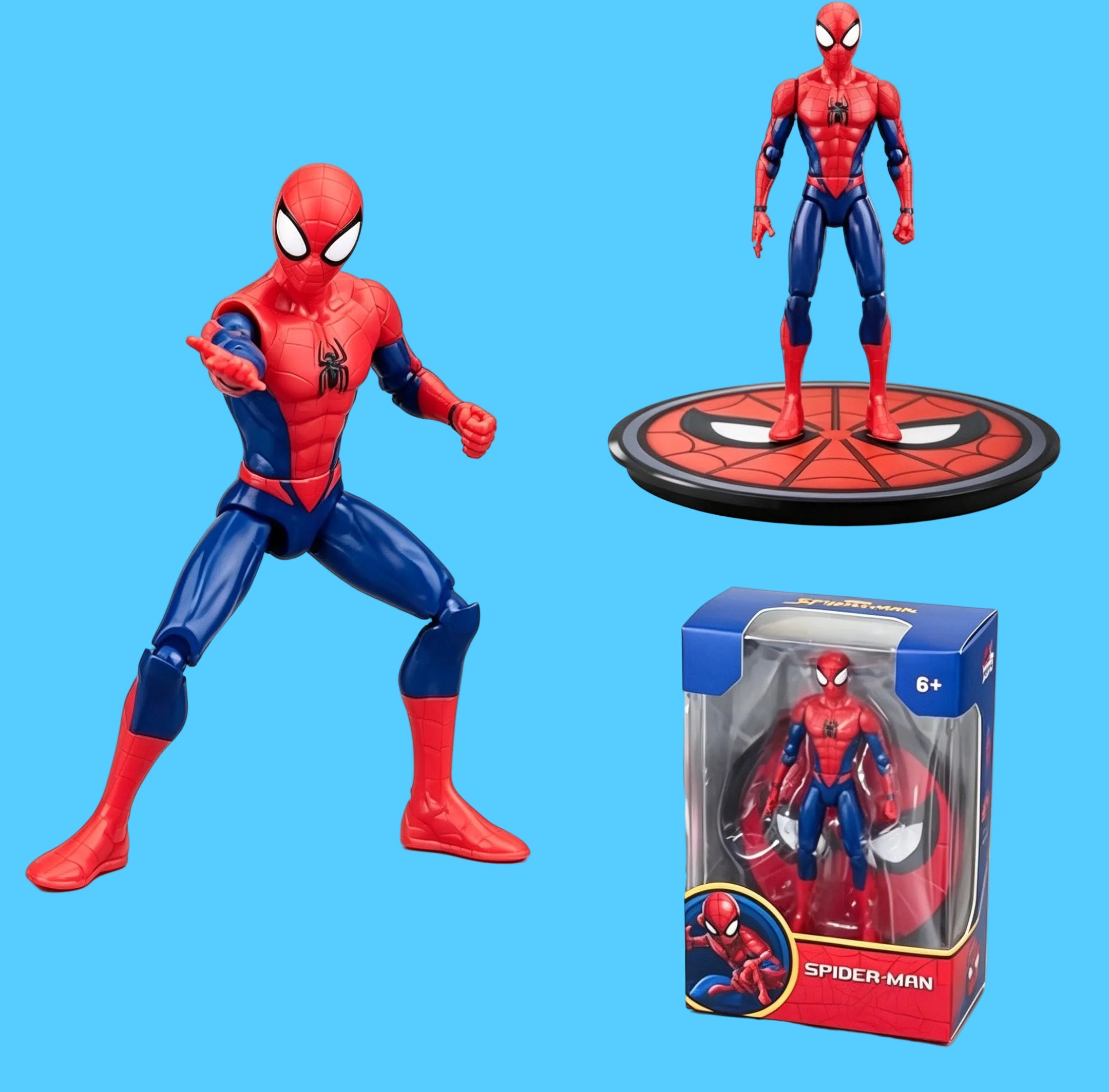 Imagem Mostrando Três Visões do Boneco Articulado do Homem-Aranha em posições diferentes