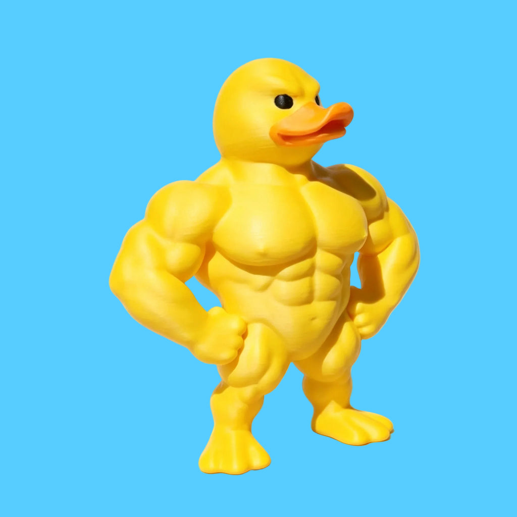Pato de Borracha Amarelo com Corpo Musculoso Maromba Posando de Pé