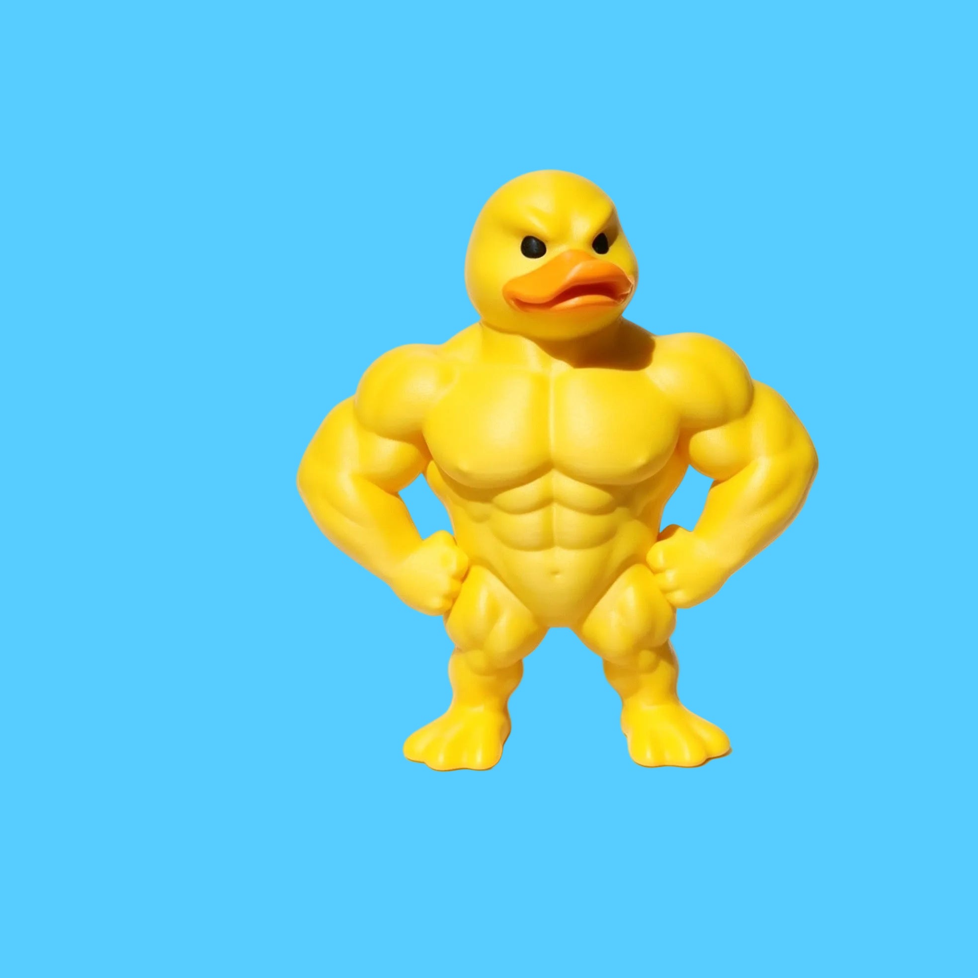 Pato de Borracha Amarelo com Corpo Musculoso Maromba Posando de Pé
