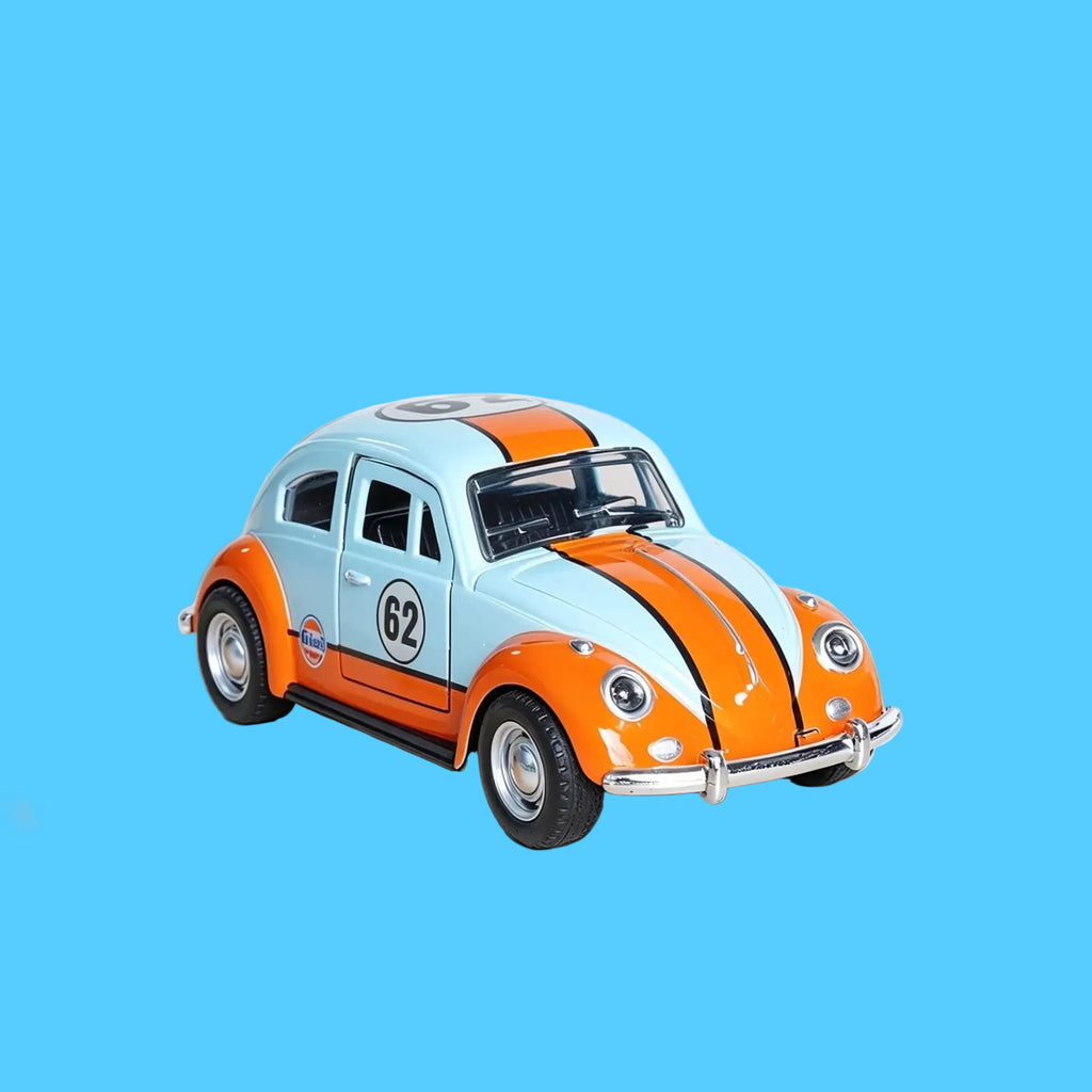 Miniatura de Carrinho Fusca Retrô nas cores azul claro e laranja 
