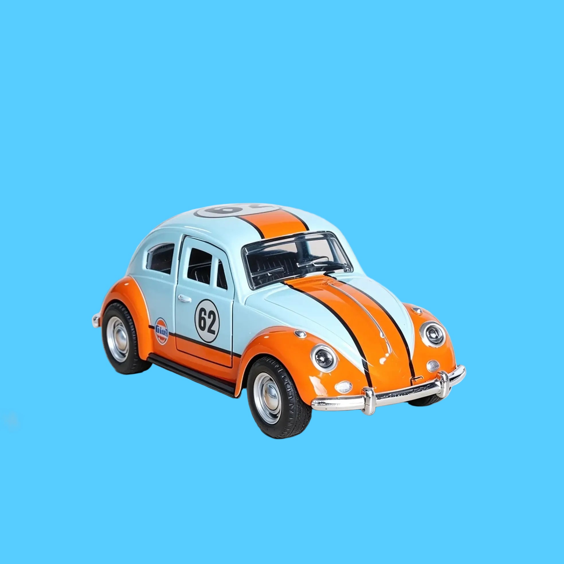 Miniatura de Carrinho Fusca Retrô nas cores azul claro e laranja 