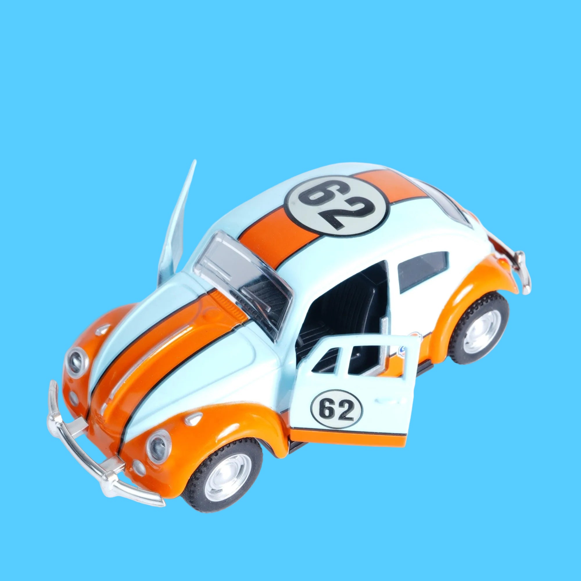 Miniatura de Carrinho Fusca Retrô nas cores azul claro e laranja 