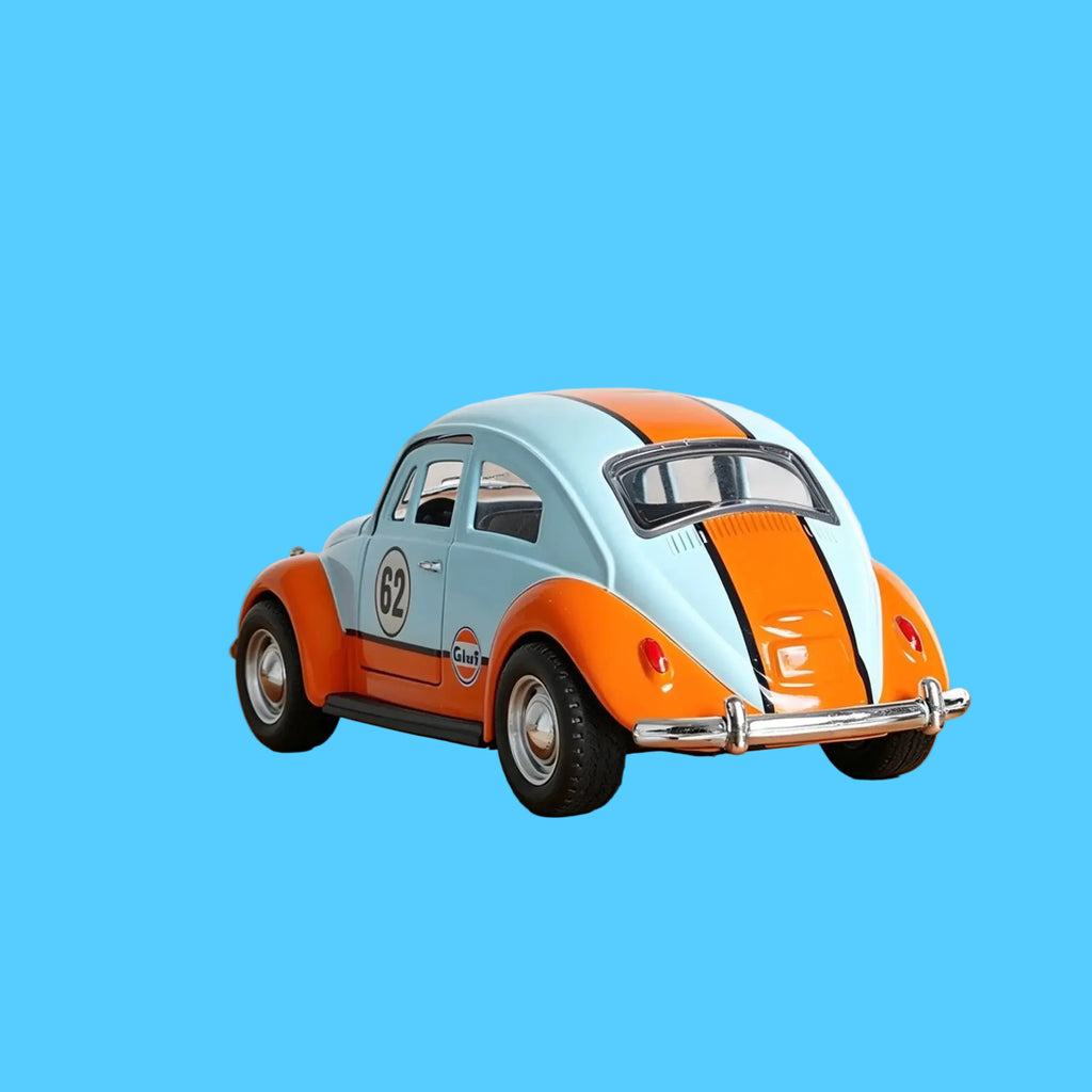 Miniatura de Carrinho Fusca Retrô nas cores azul claro e laranja 