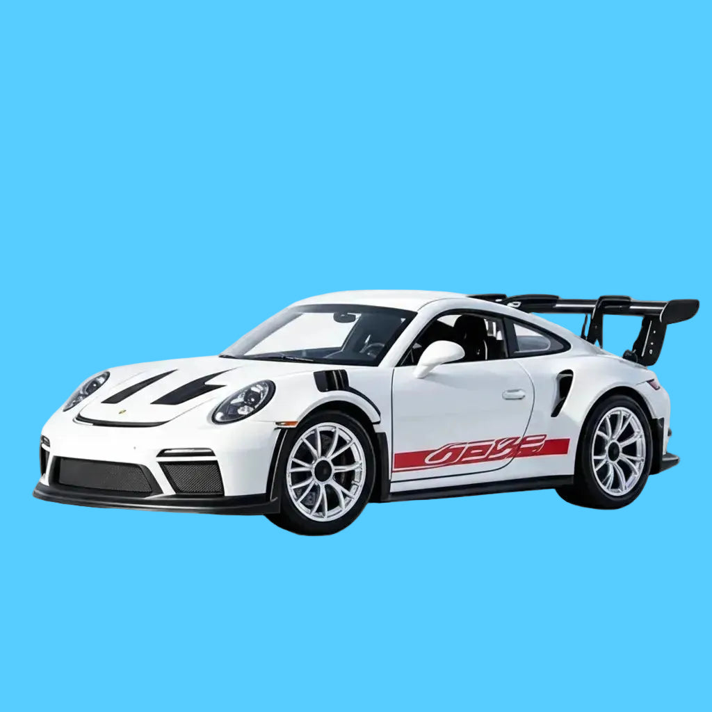Carrinho de Brinquedo em Miniatura de Modelo Porsche 911 GT3 na Cor Branca com Aerofólio Preto 