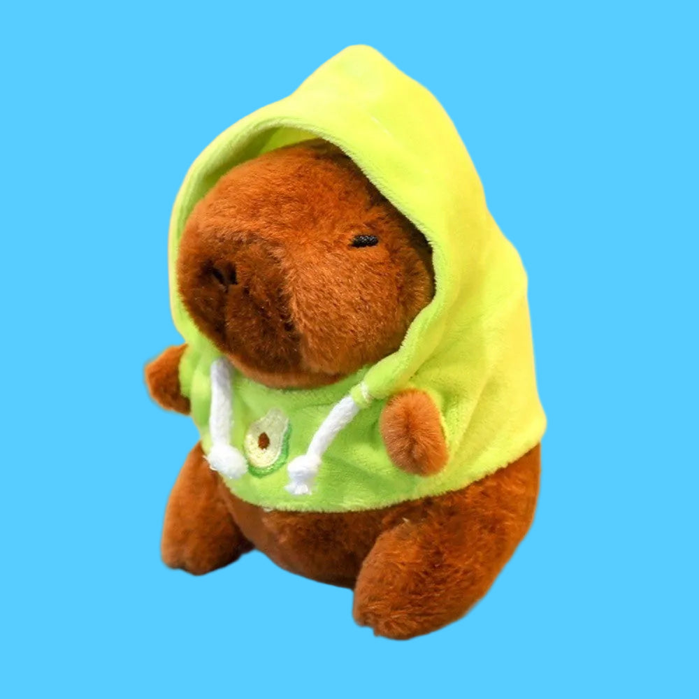 Brinquedo e Chaveiro de Pelúcia de Capivara Marrom Usando um Moletom Verde com Capuz e Estampa de Abacate