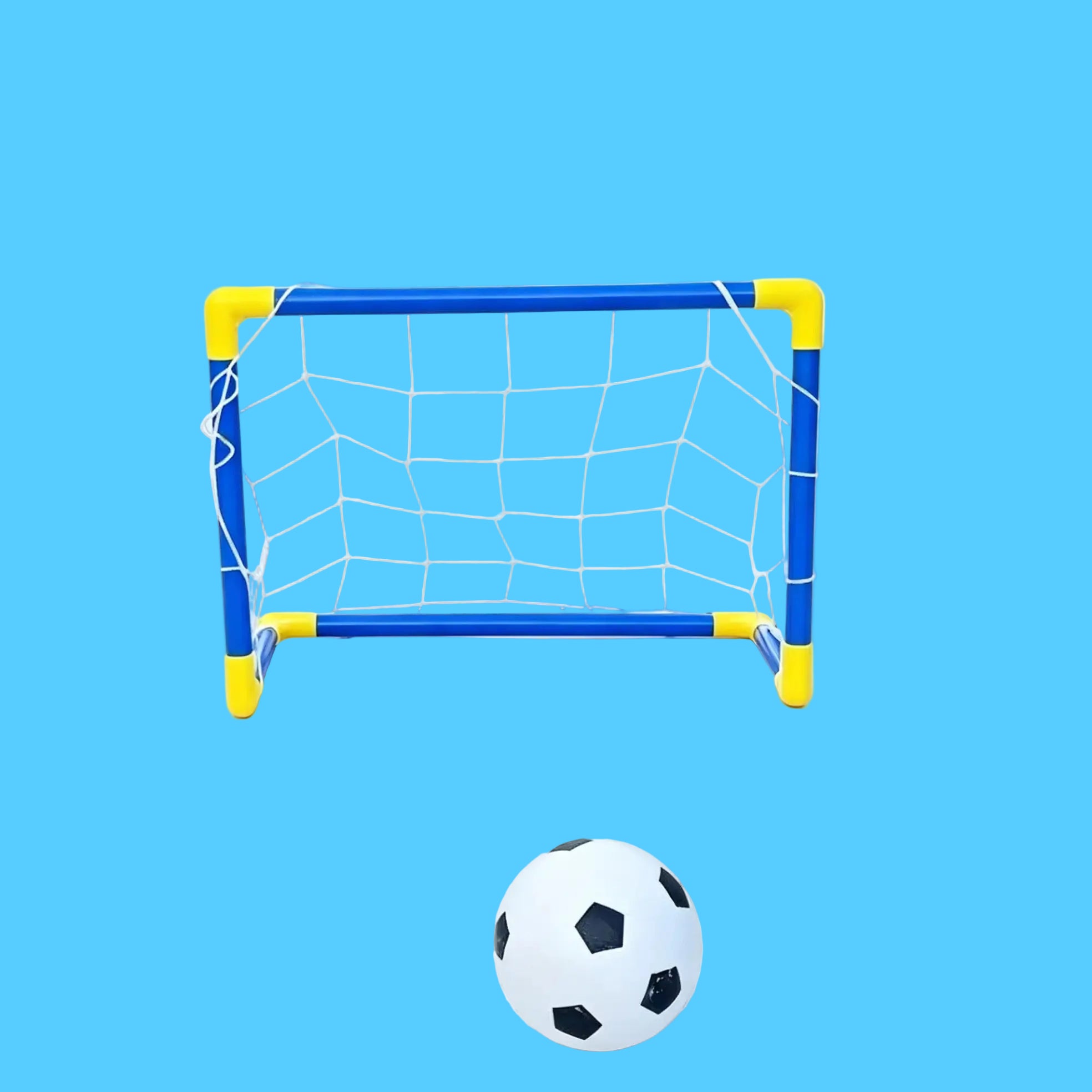 Mini Trave de Futebol Infantil nas Cores Azul e Amarelo Com Rede e uma Bola de Futebol Pequena