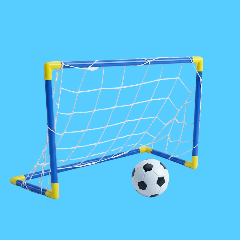 Mini Trave de Futebol Infantil nas Cores Azul e Amarelo Com Rede e uma Bola de Futebol Pequena
