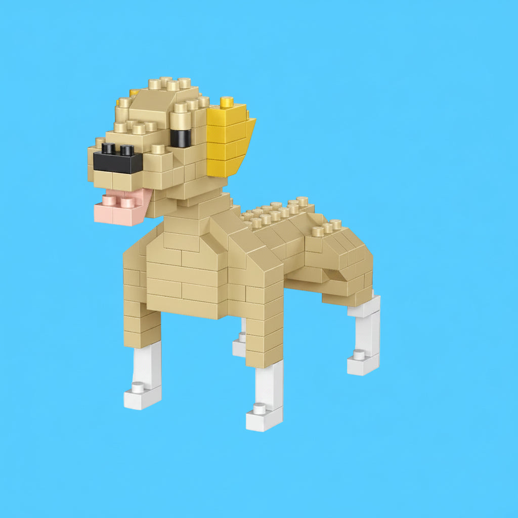 Cachorro da raça Golden Retriever montado com mini blocos de construção nas cores bege e amarelo, com a boca aberta mostrando a língua rosa, sobre fundo azul claro