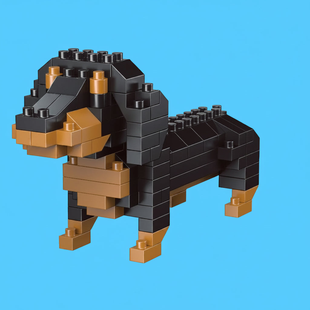Cachorro da raça Dachshund (salsicha) montado com mini blocos de construção nas cores preto e marrom canela, sobre fundo azul claro.