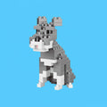 Cachorro da raça Schnauzer montado com mini blocos de construção cinza e branco, em posição sentada sobre um fundo azul claro.